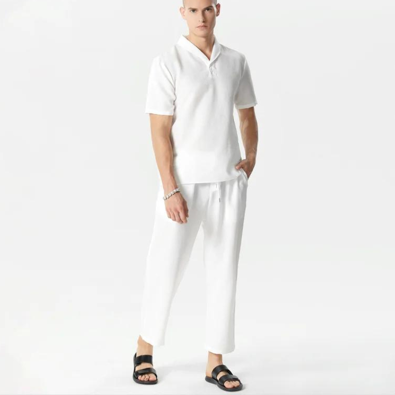 Casual Lapel Short Sleeve Shirt and Drawstring Pants