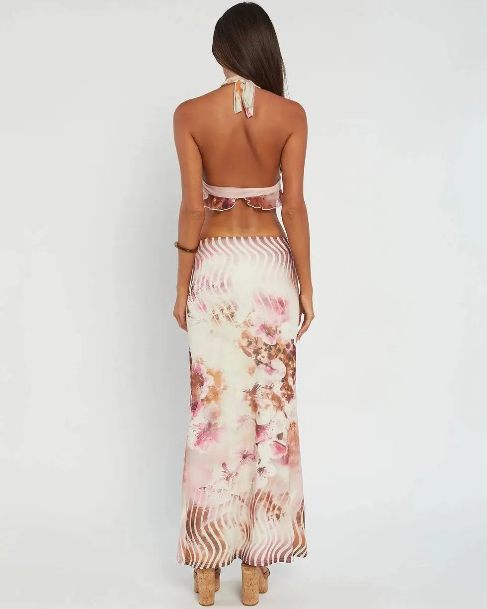 Halter Neck Printed Set In White