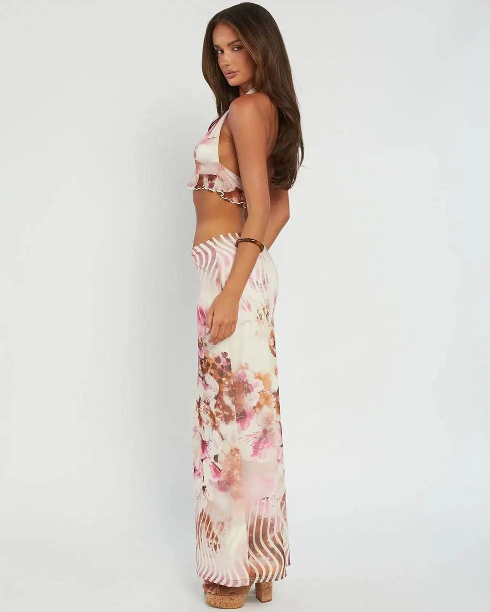 Halter Neck Printed Set In White