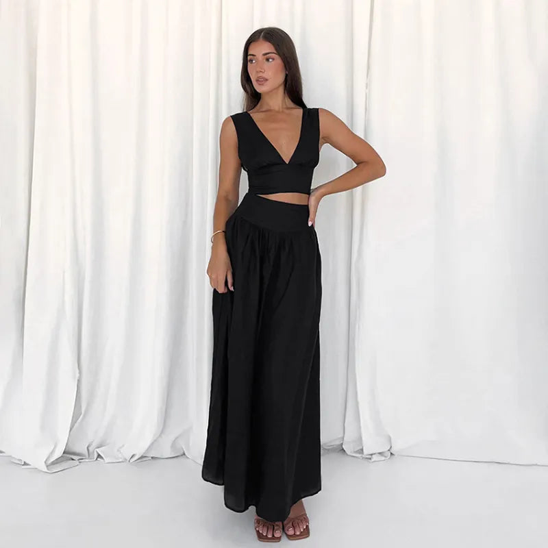 V Neck Top With Maxi Skirt Set in Black