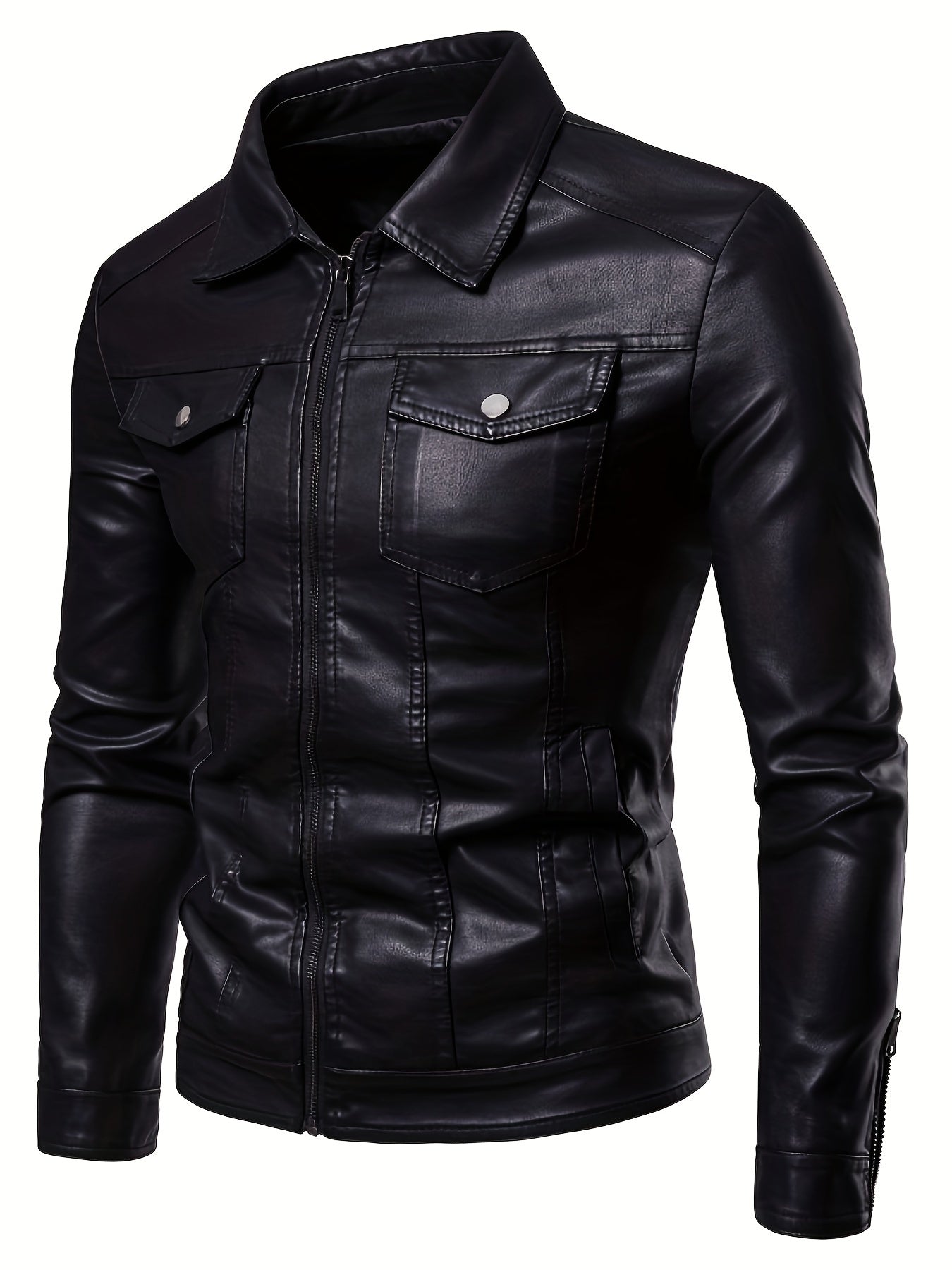 Leather windbreaker simple black jacket with long sleeves and zipper