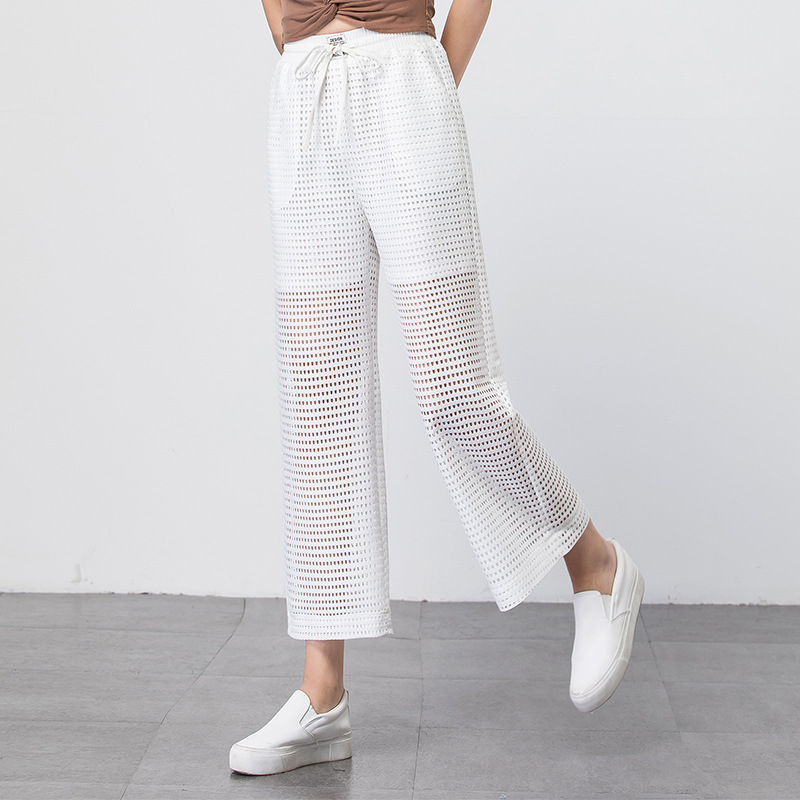 Wide leg see thru hallow white pants for summer