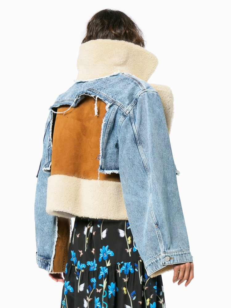 Plush jacket with denim seams