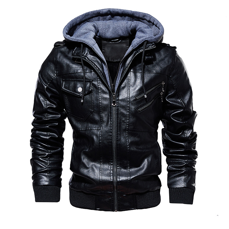 leather jacket with hood