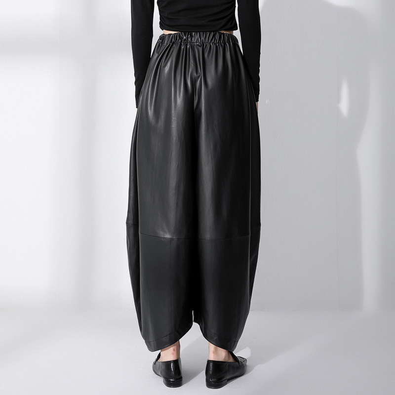 Black leather high waist wide leg pants