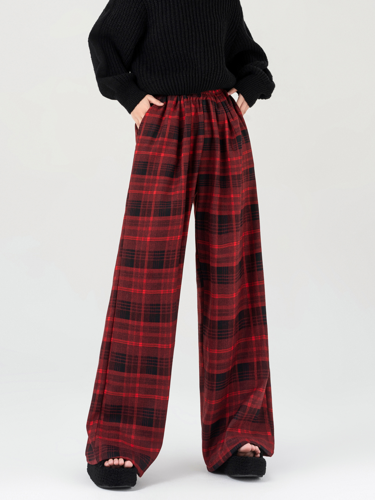 Red Plaid Straight Casual Pants