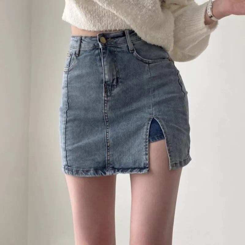 Side Slit High Rise Denim Skirt