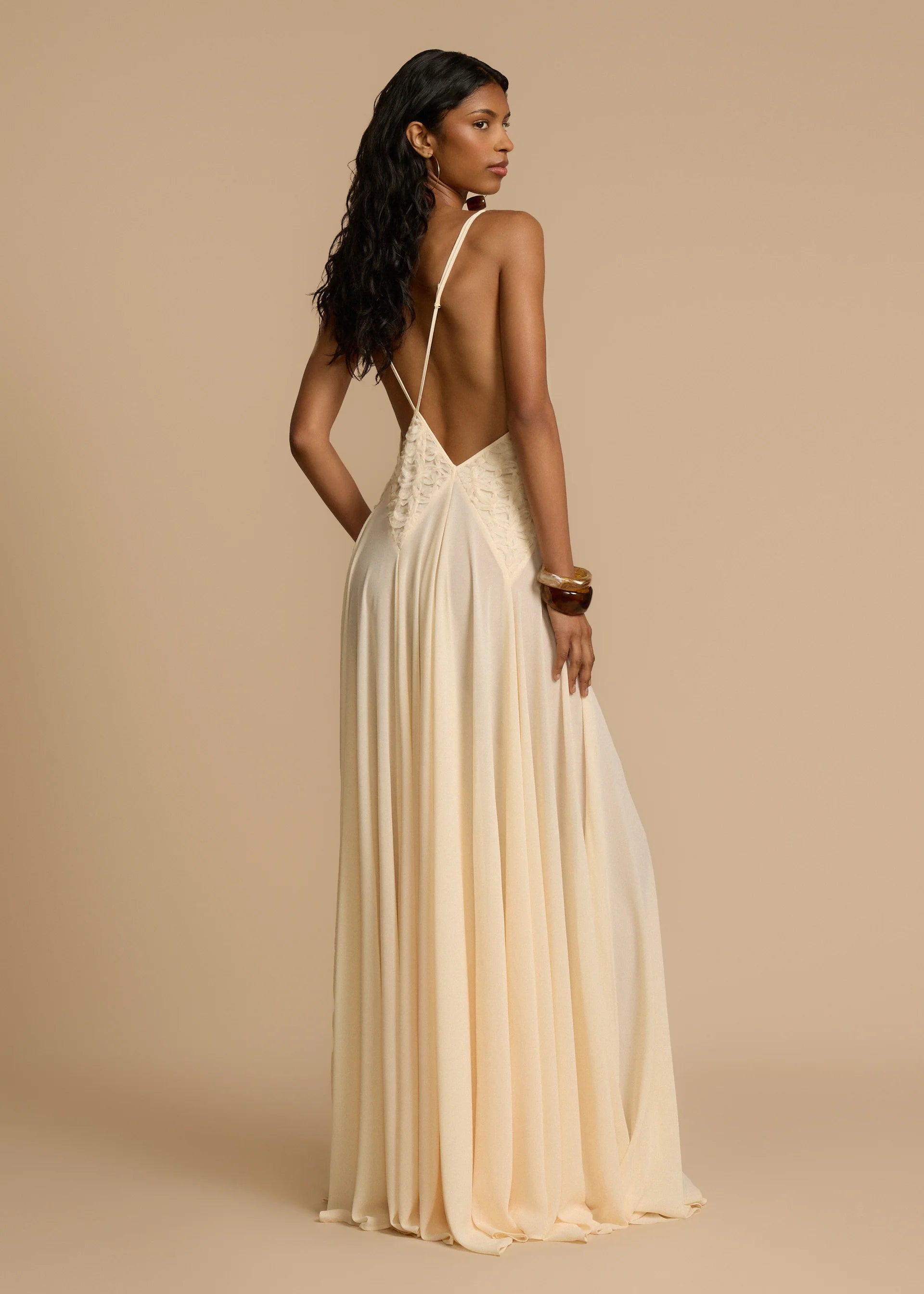 Hollow Out Stitching Lace Sling Color Maxi Dress