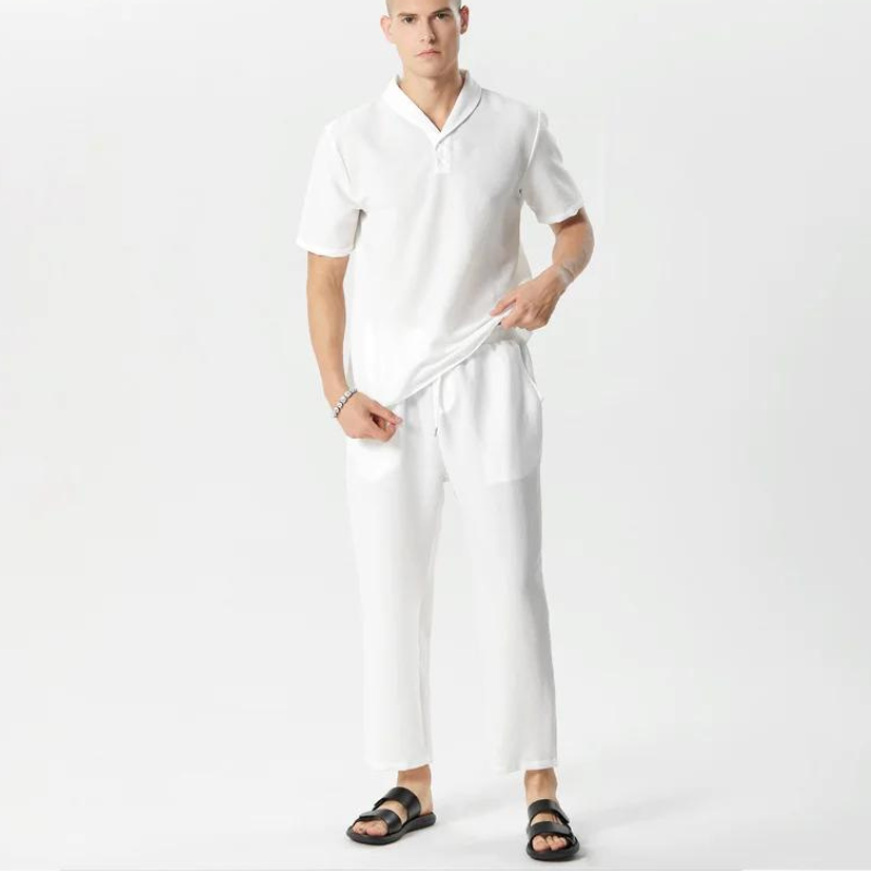 Casual Lapel Short Sleeve Shirt and Drawstring Pants