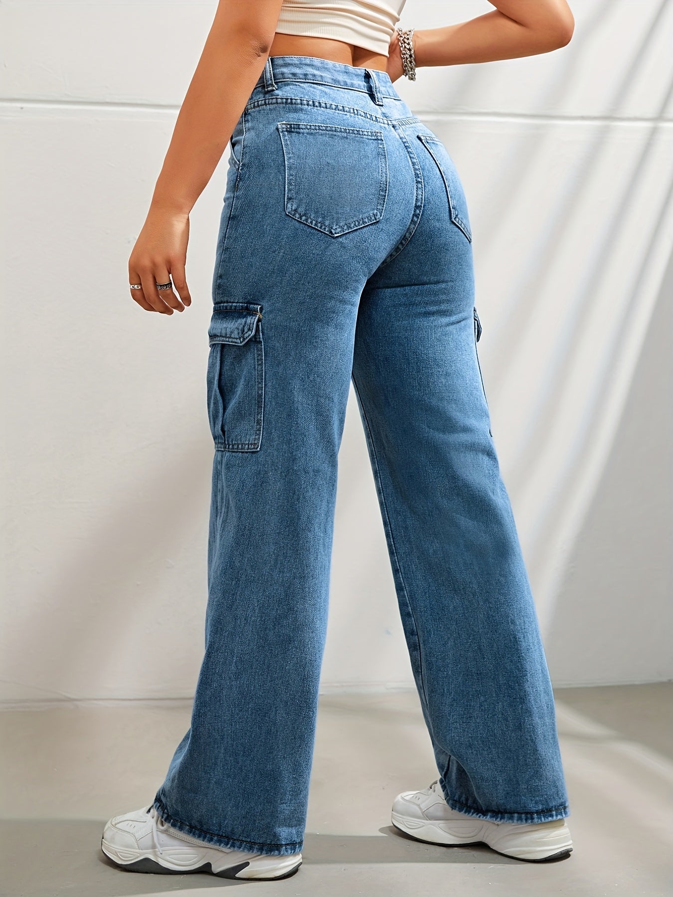 High-waisted denim cargo pants