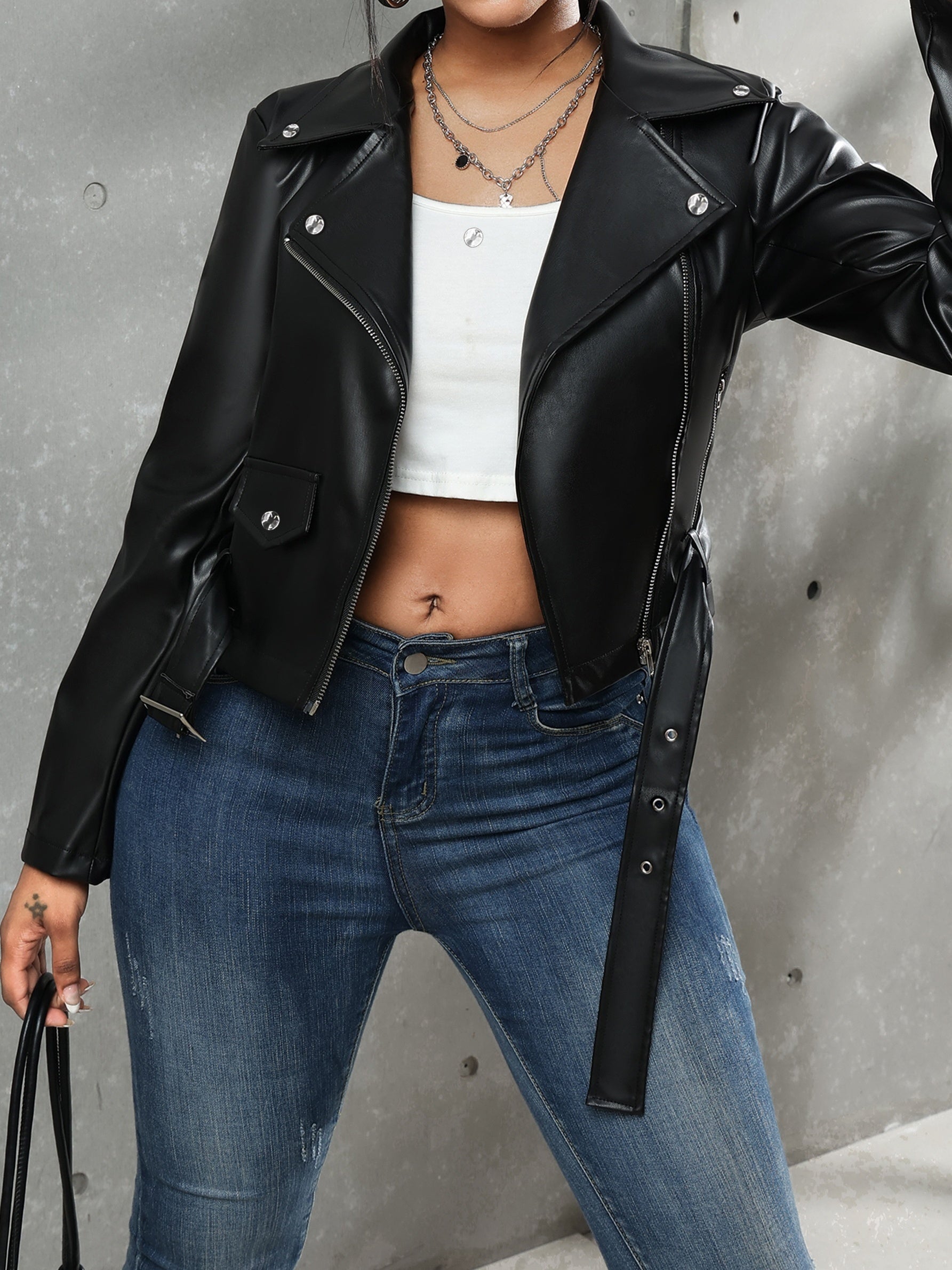 Black leather jacket with belt for women