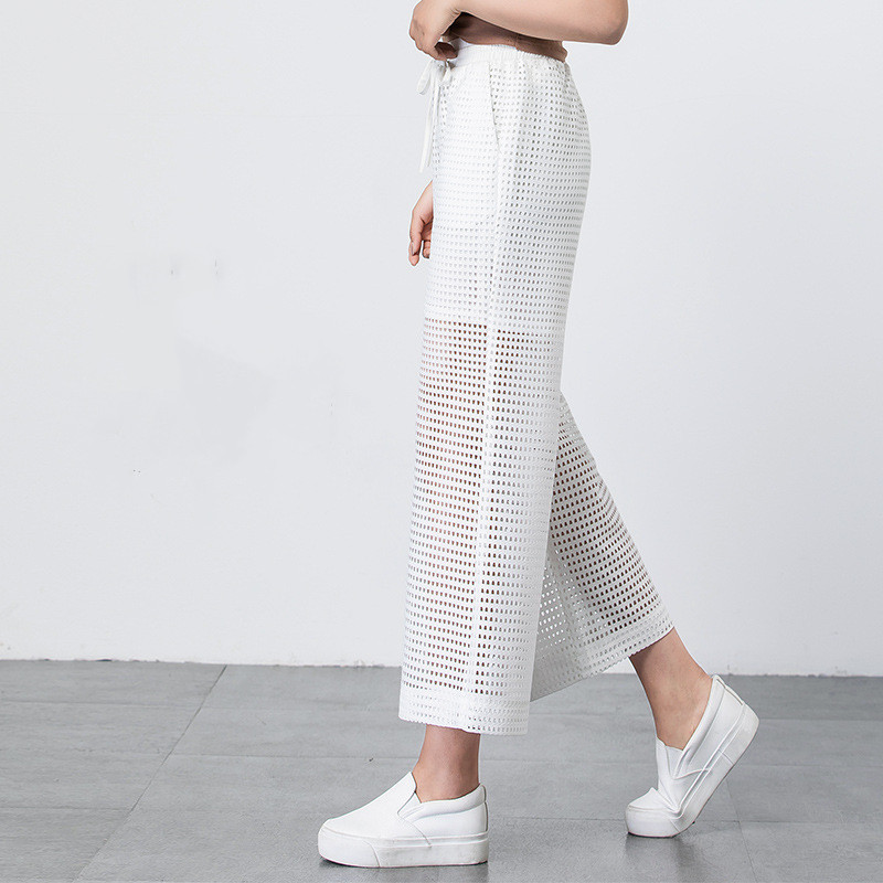 Wide leg see thru hallow white pants for summer