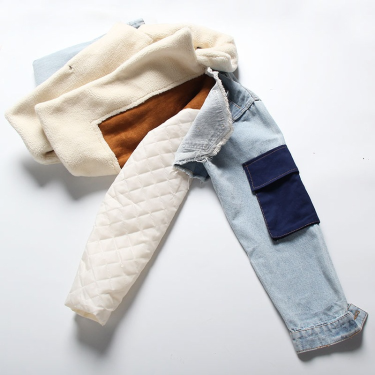 Plush jacket with denim seams