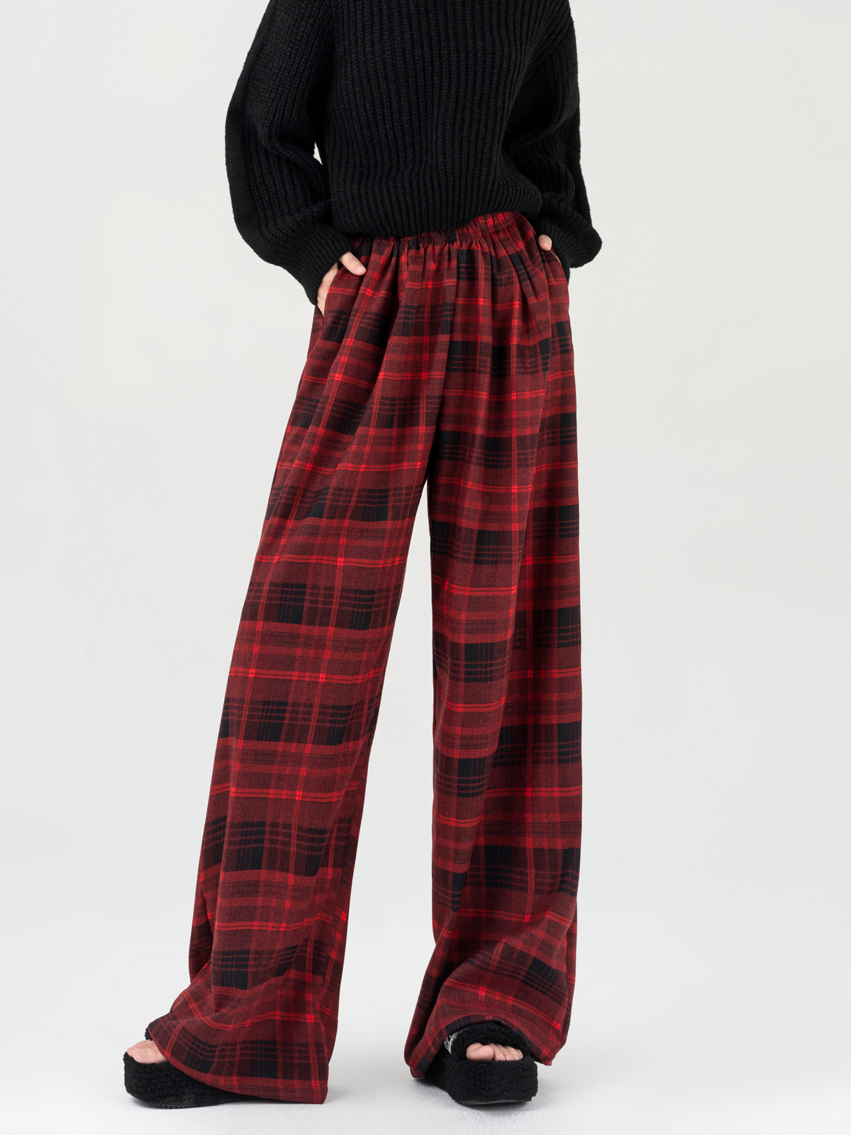 Red Plaid Straight Casual Pants