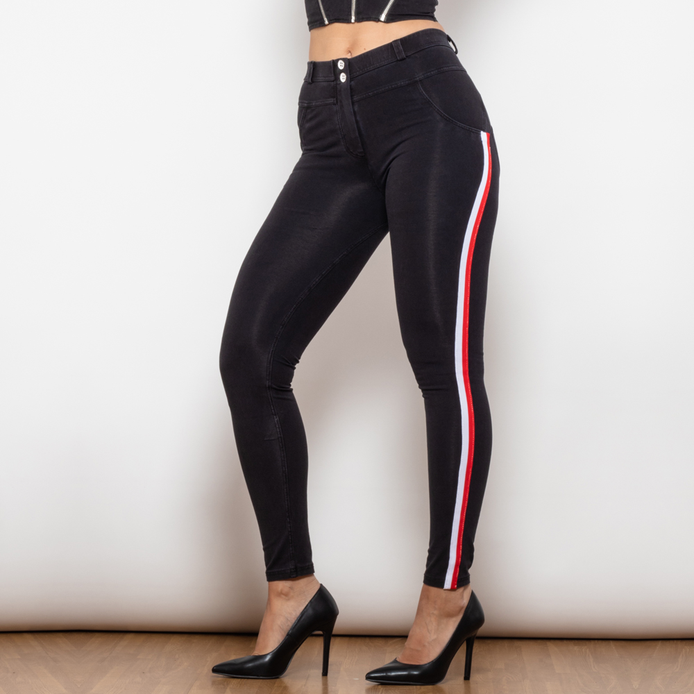 Tight Black Jeans With White & Red Stripe