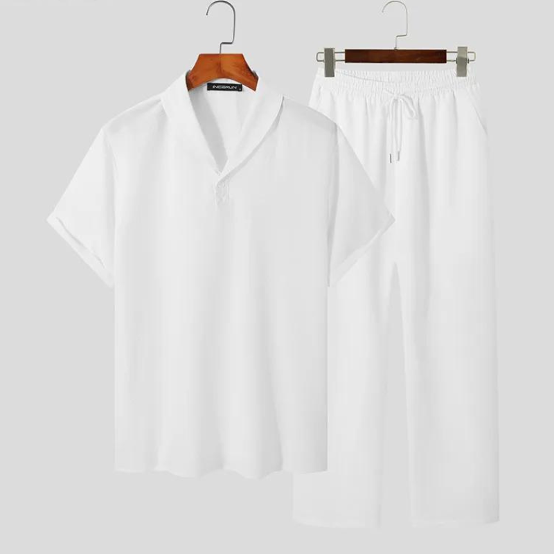 Casual Lapel Short Sleeve Shirt and Drawstring Pants