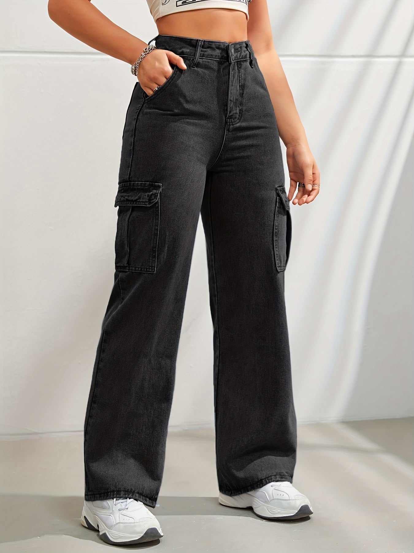 High-waisted denim cargo pants