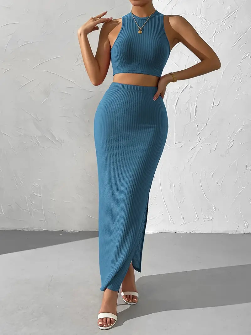 Sleeveless Crop Top With Maxi Skirt Knitted Set