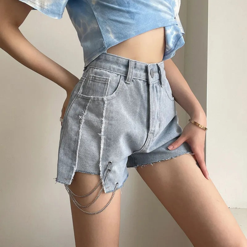 High Rise Denim Shorts With Chains