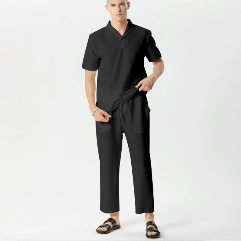 Casual Lapel Short Sleeve Shirt and Drawstring Pants