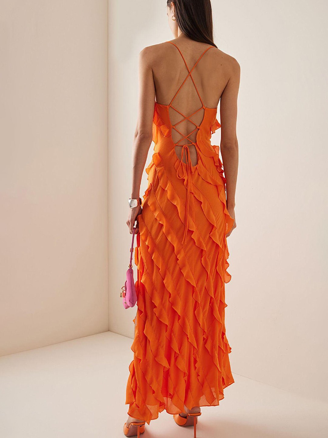 Spaghetti ruffled orange dress