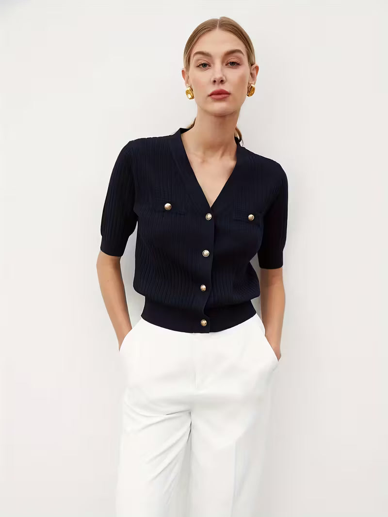 Short Sleeve Striped Black Cardigan