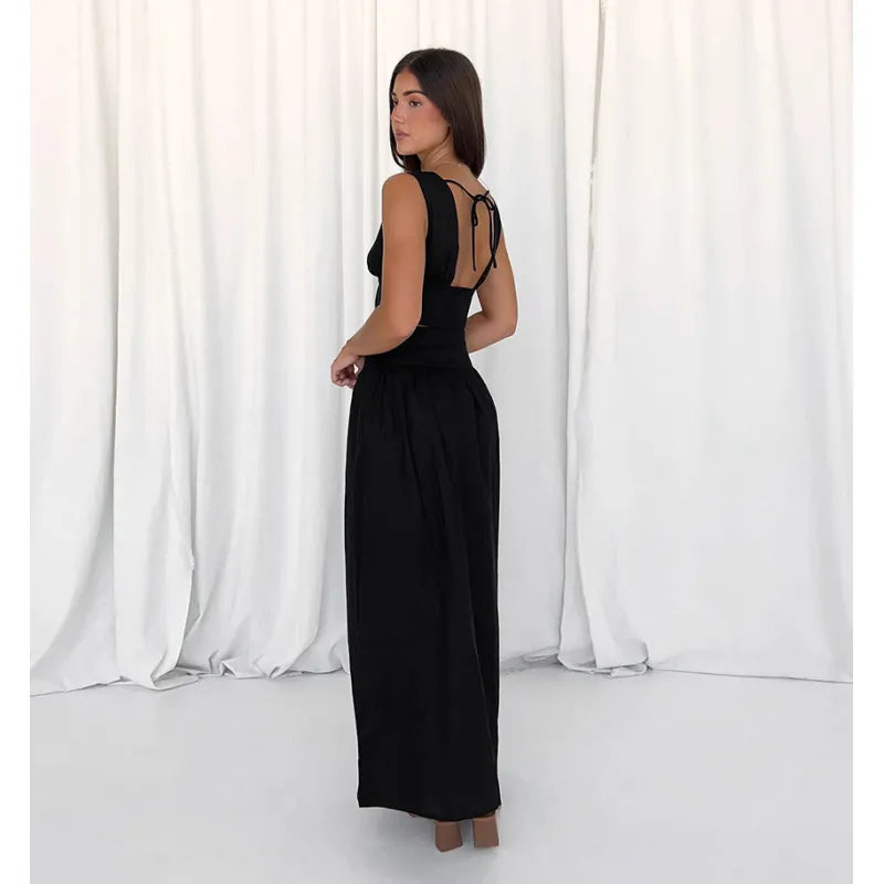 V Neck Top With Maxi Skirt Set in Black