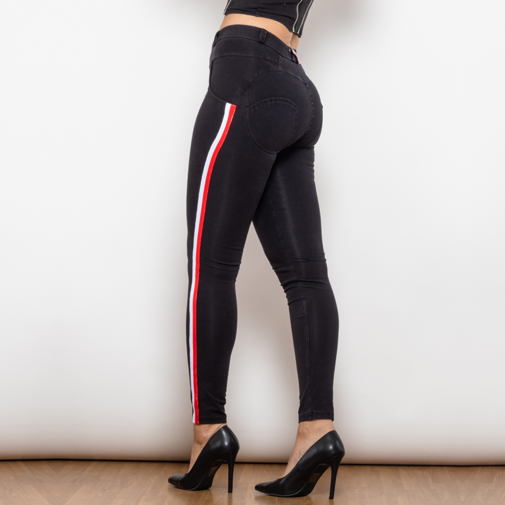 Tight Black Jeans With White & Red Stripe