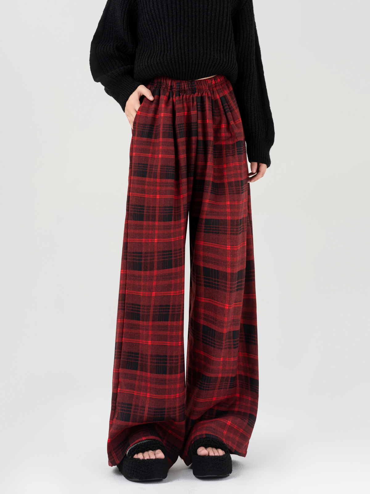 Red Plaid Straight Casual Pants