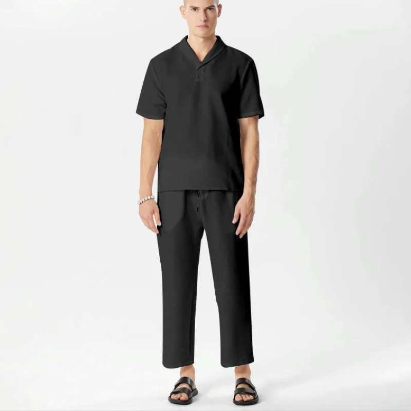 Casual Lapel Short Sleeve Shirt and Drawstring Pants