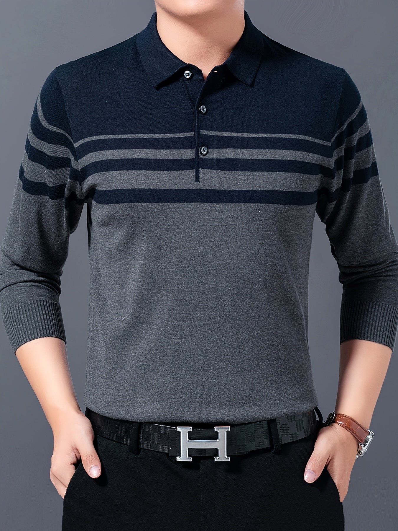 Stylish striped lapel sweater for men