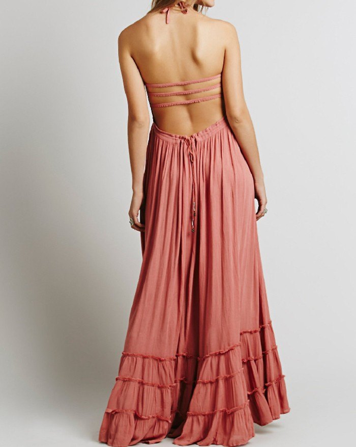 Open Back Halter Swing Beach Maxi Dress