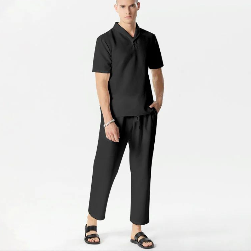 Casual Lapel Short Sleeve Shirt and Drawstring Pants