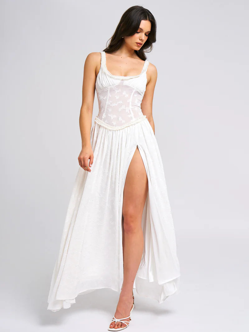 Square Neck Jacquard Textured High Slit Maxi Dress