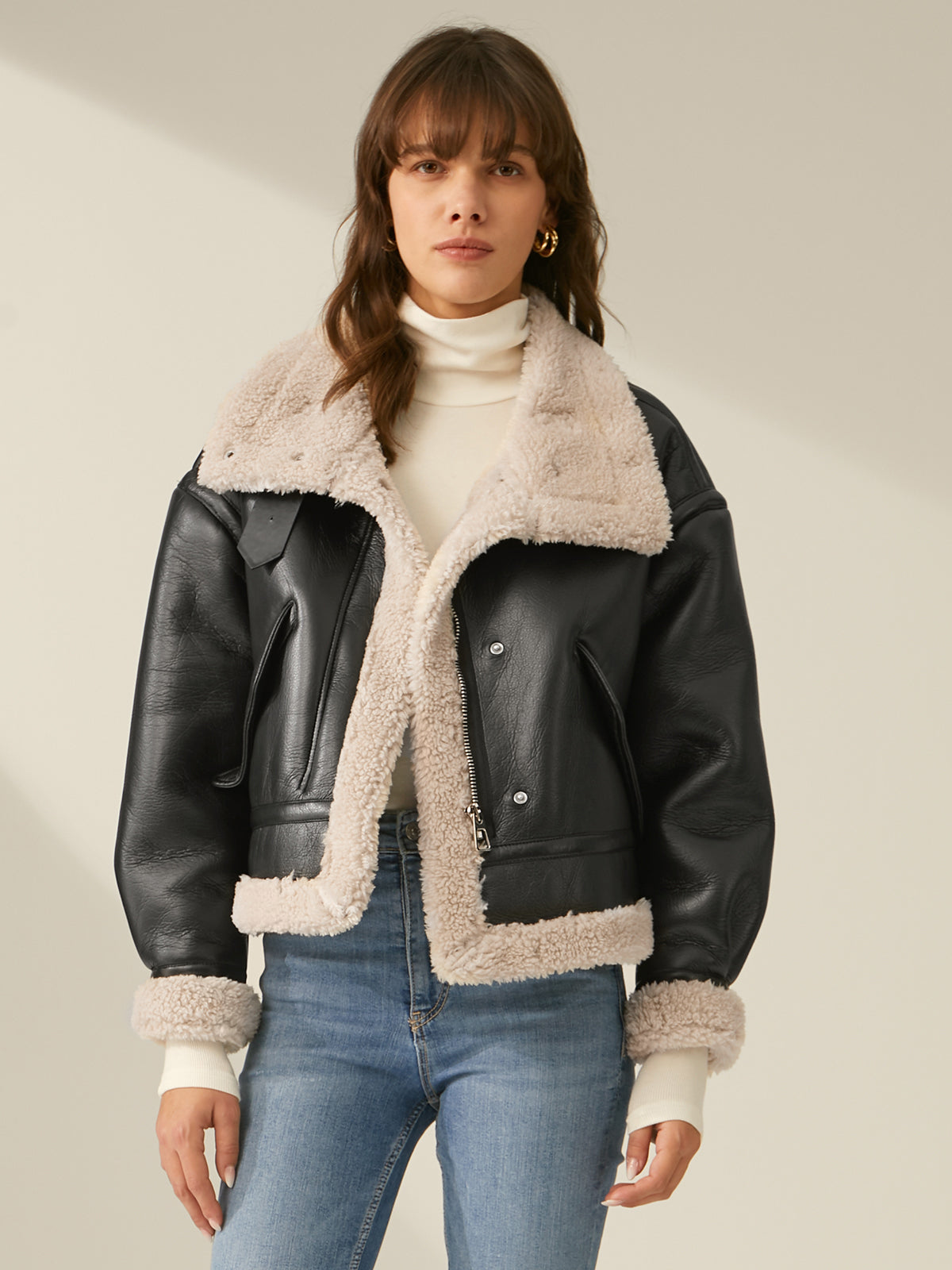 Leather jacket with fur for women