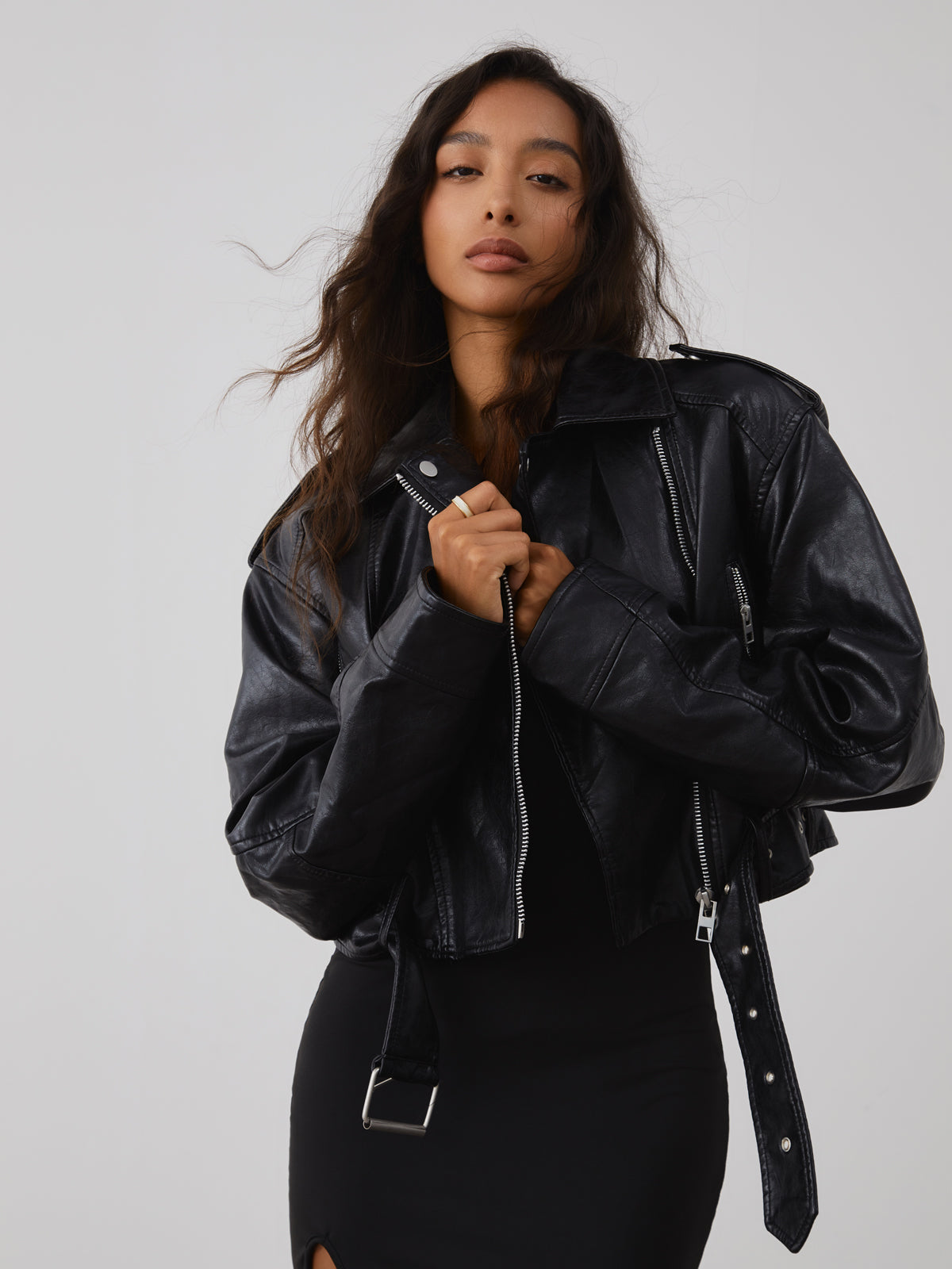 Black short leather jacket