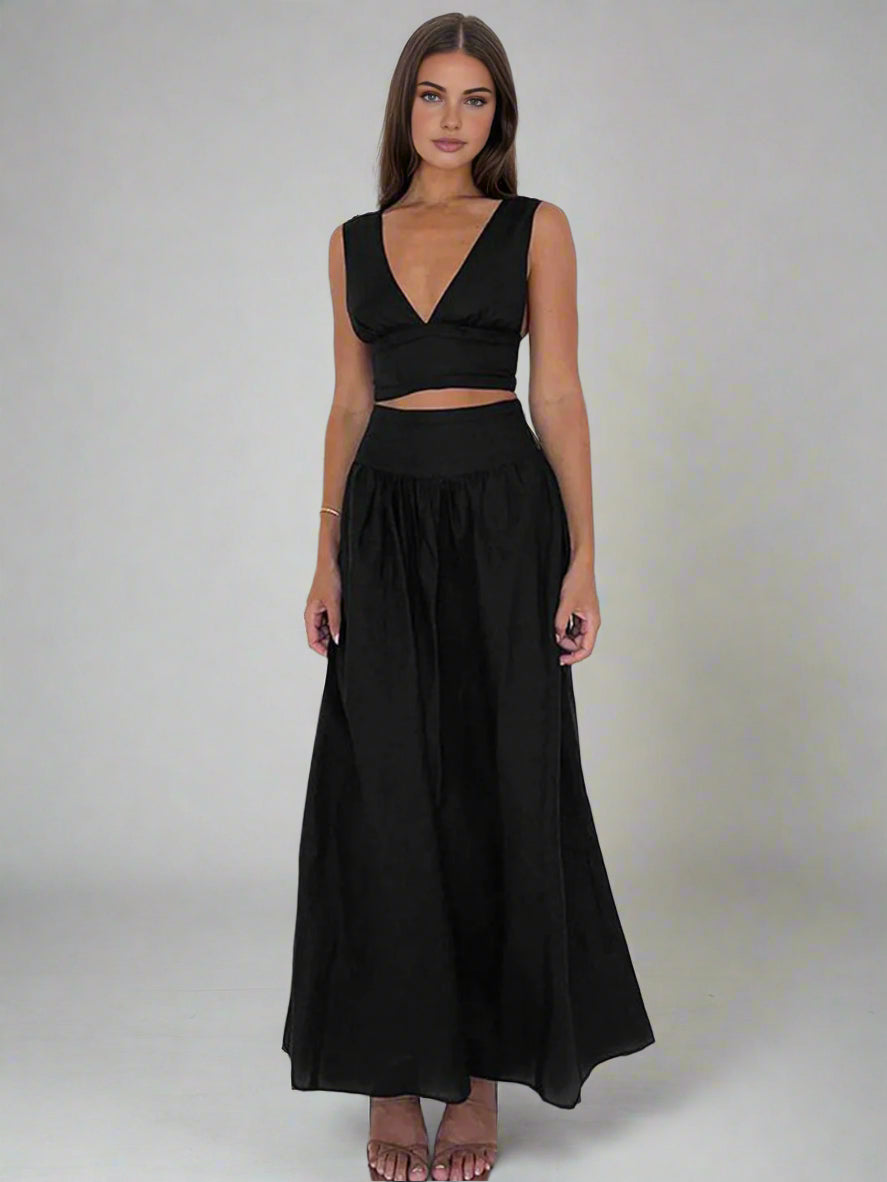 Black V-neck Top and Loose Skirt Set