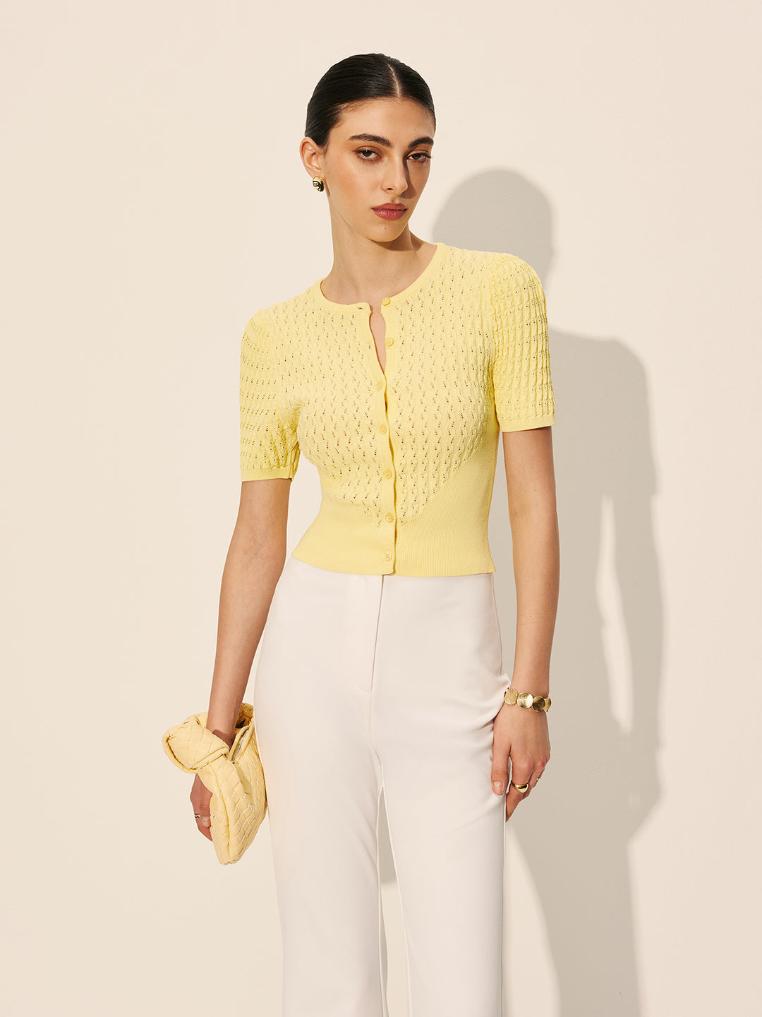 Hollow Knit Yellow Top With Buttons