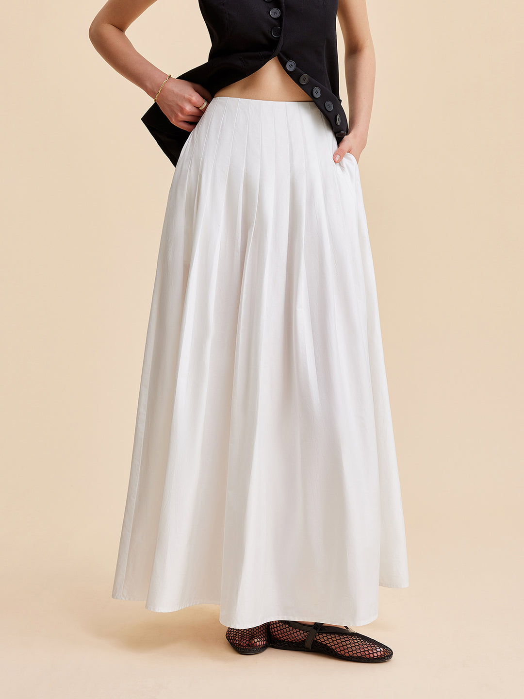 Pleated A-line Cotton White Skirt