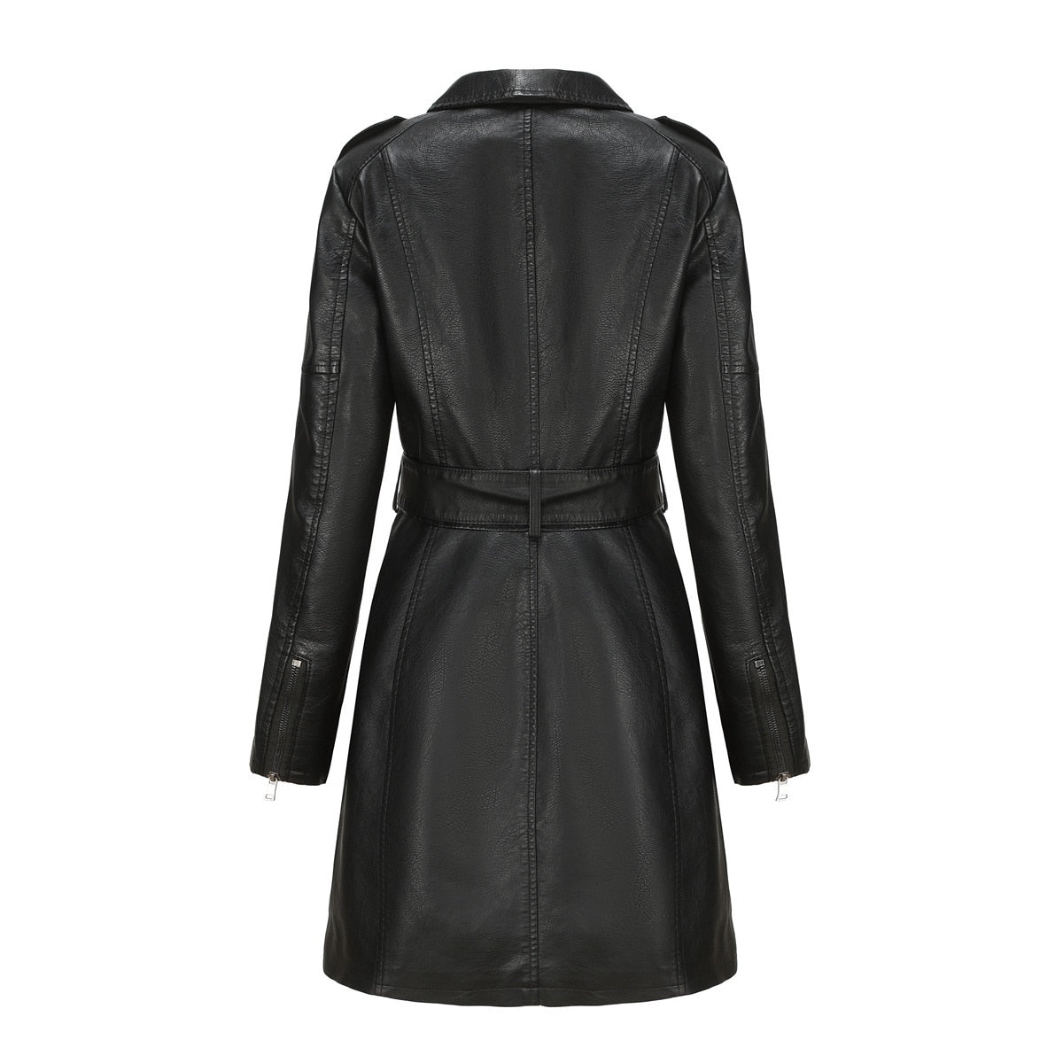 Long leather women's coat with belt