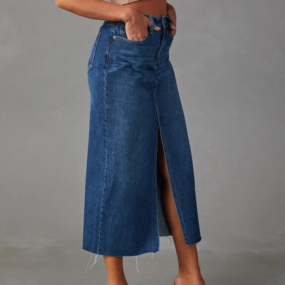 Denim Maxi Skirt With Front Slit