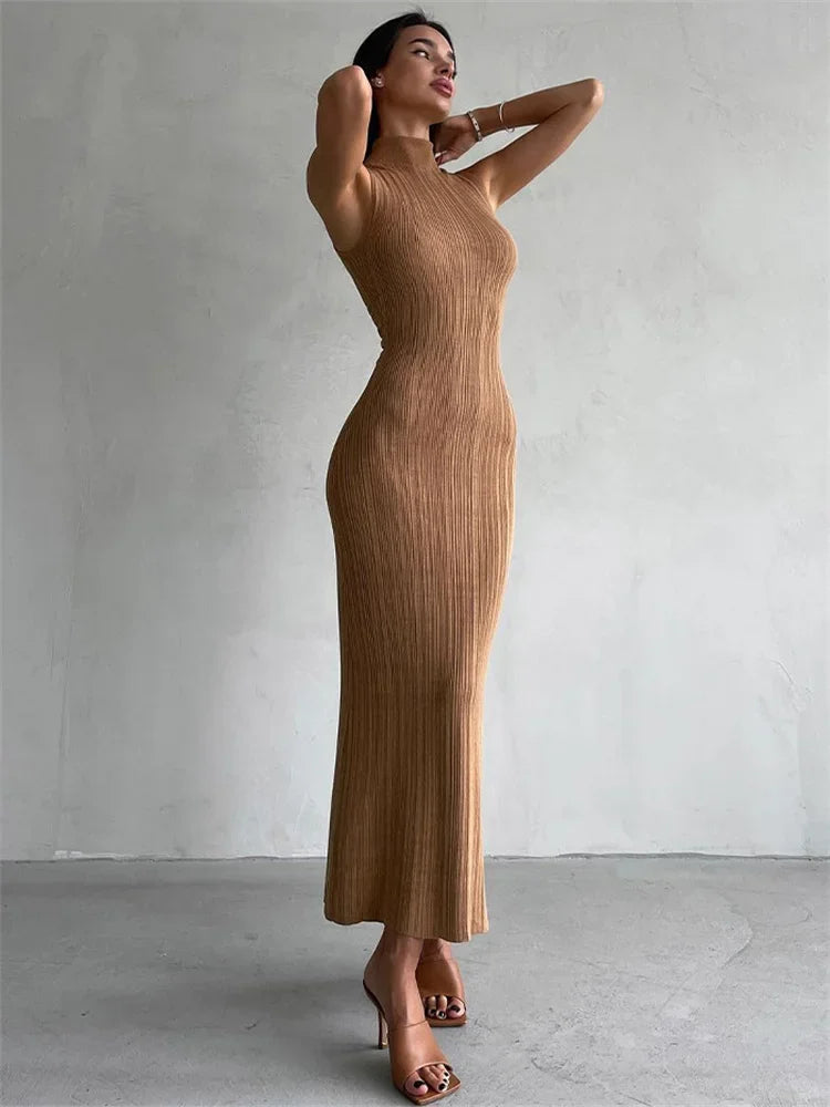 Turtleneck Knit Maxi Dress In Khaki