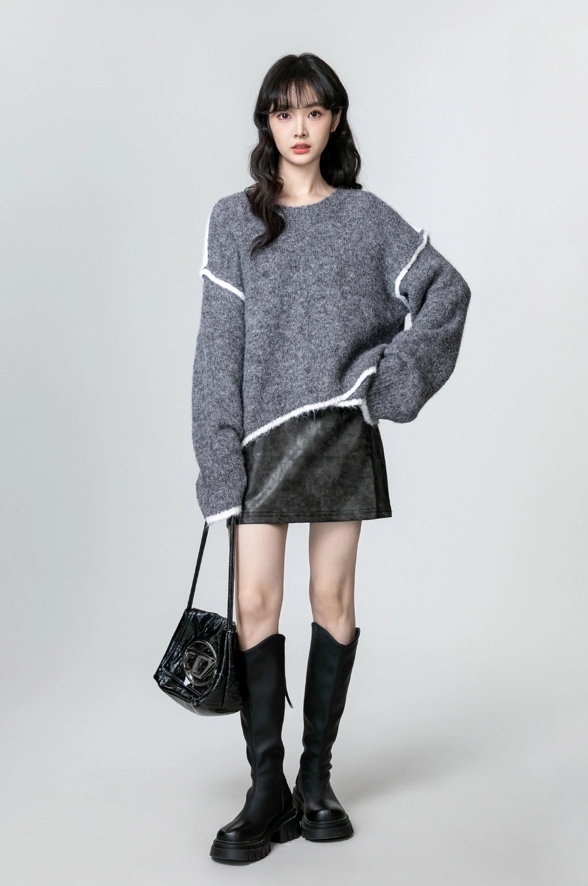 Gray Oversized Colorblock Knit Sweater