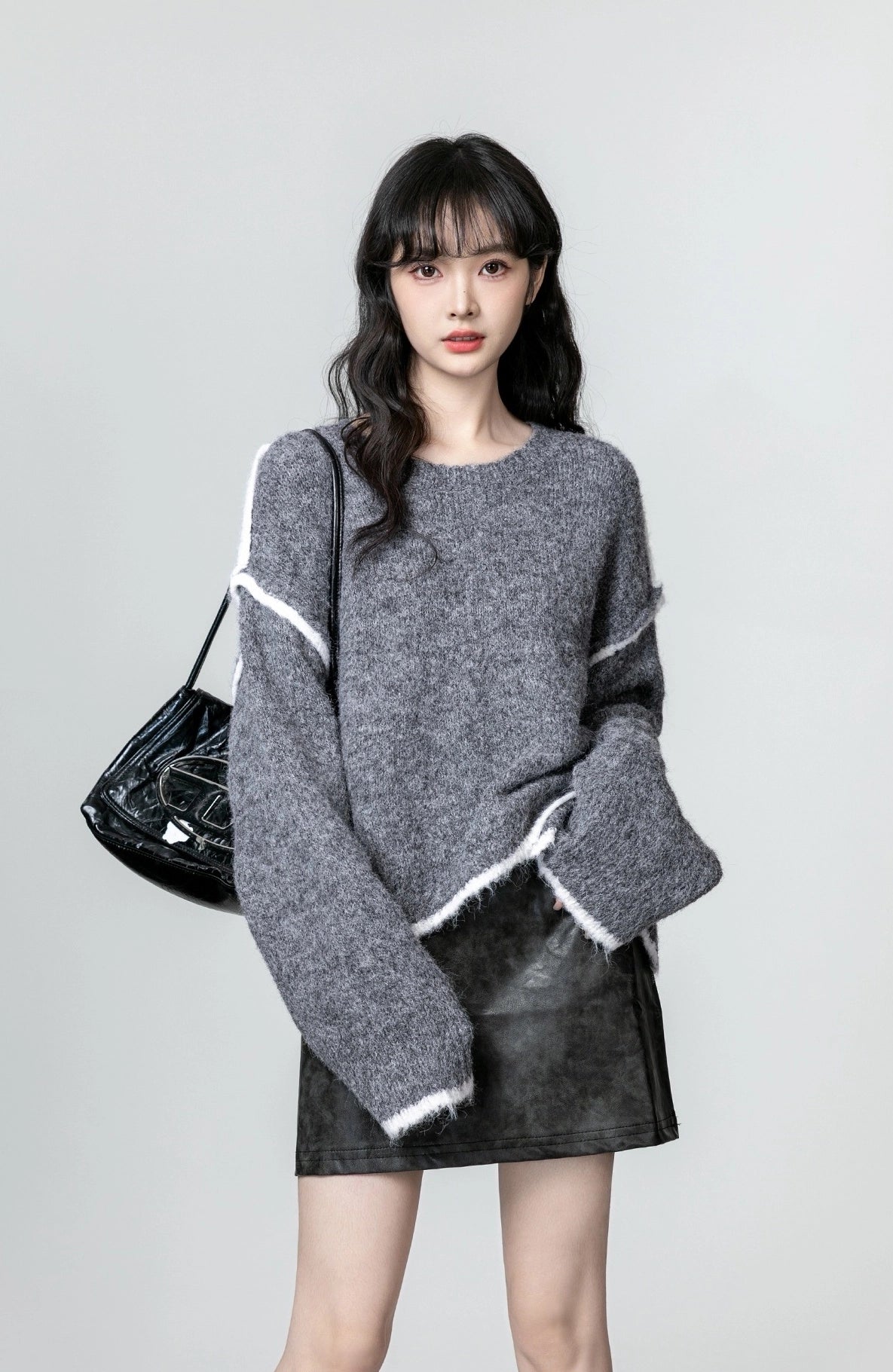 Gray Oversized Colorblock Knit Sweater