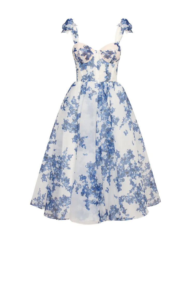 Blue hydrangea patterned organza midi dress