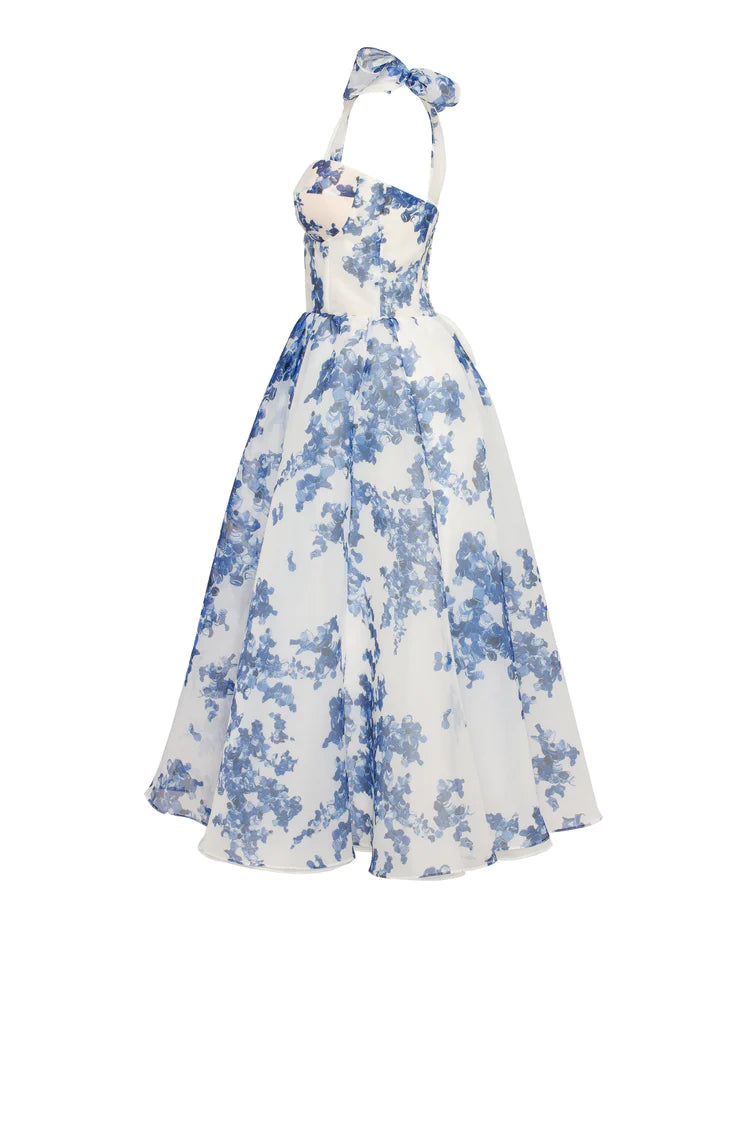 Blue hydrangea patterned organza midi dress