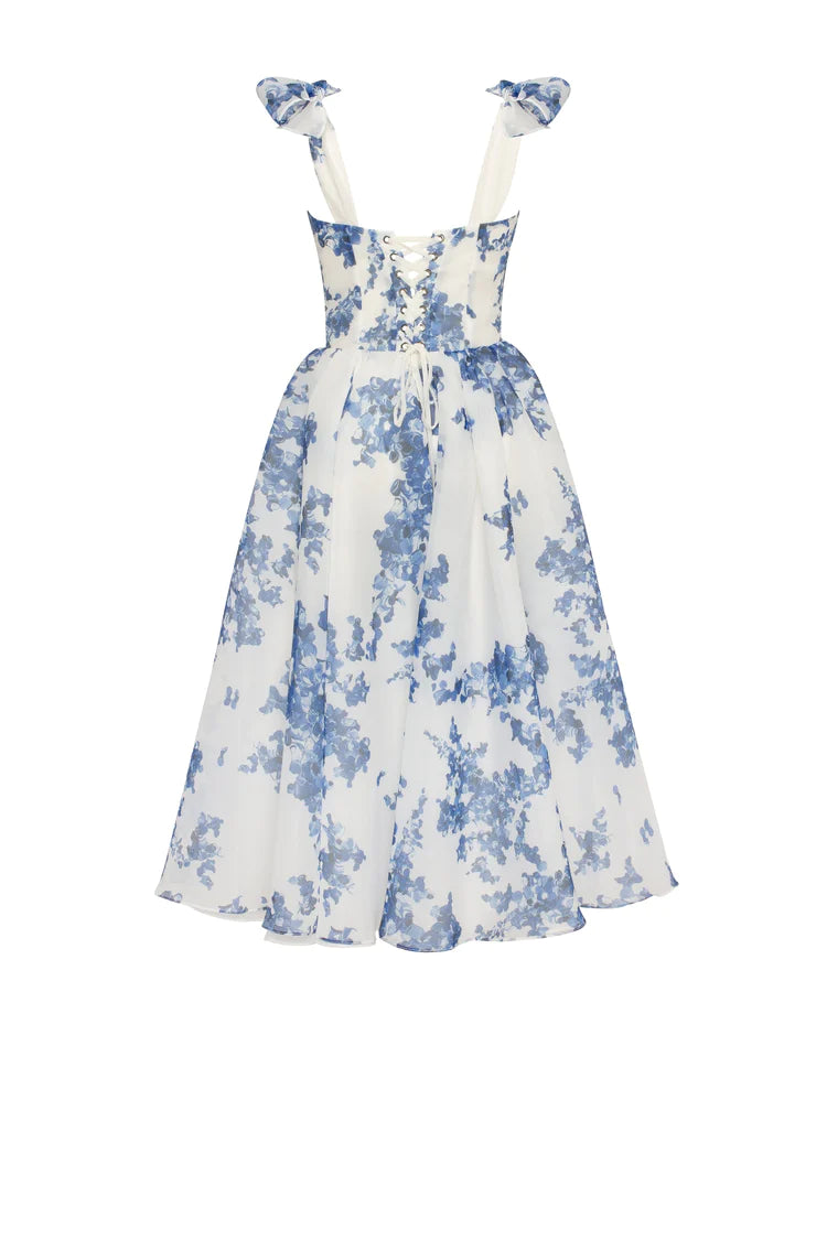 Blue hydrangea patterned organza midi dress