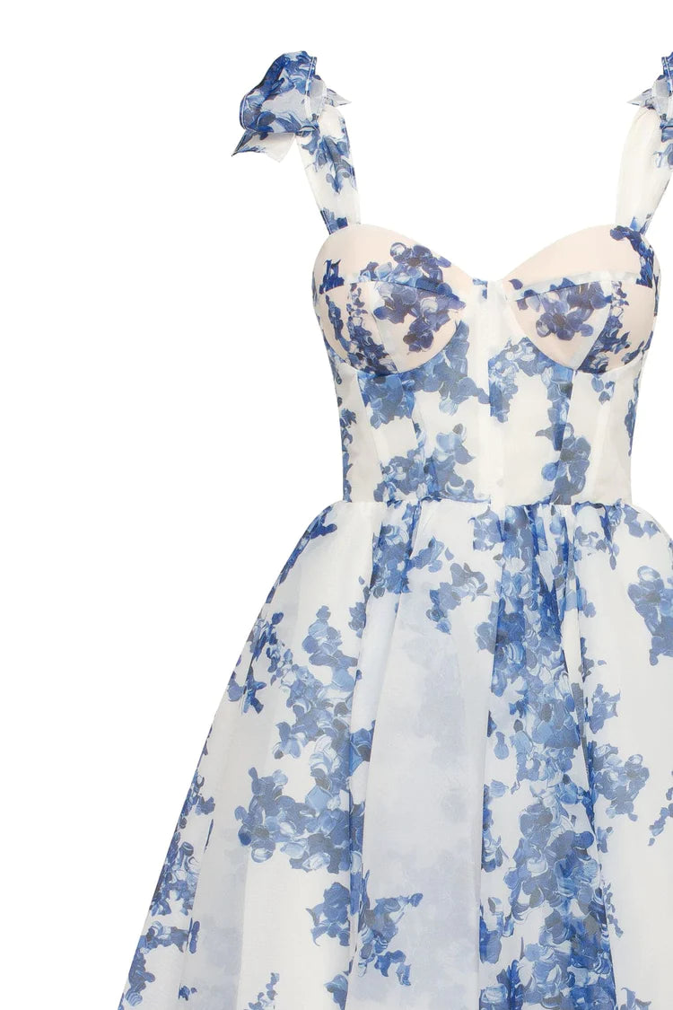 Blue hydrangea patterned organza midi dress