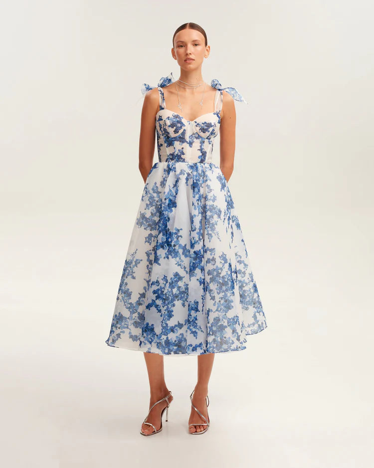 Blue hydrangea patterned organza midi dress