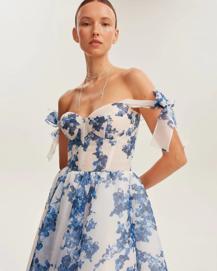 Blue hydrangea patterned organza midi dress